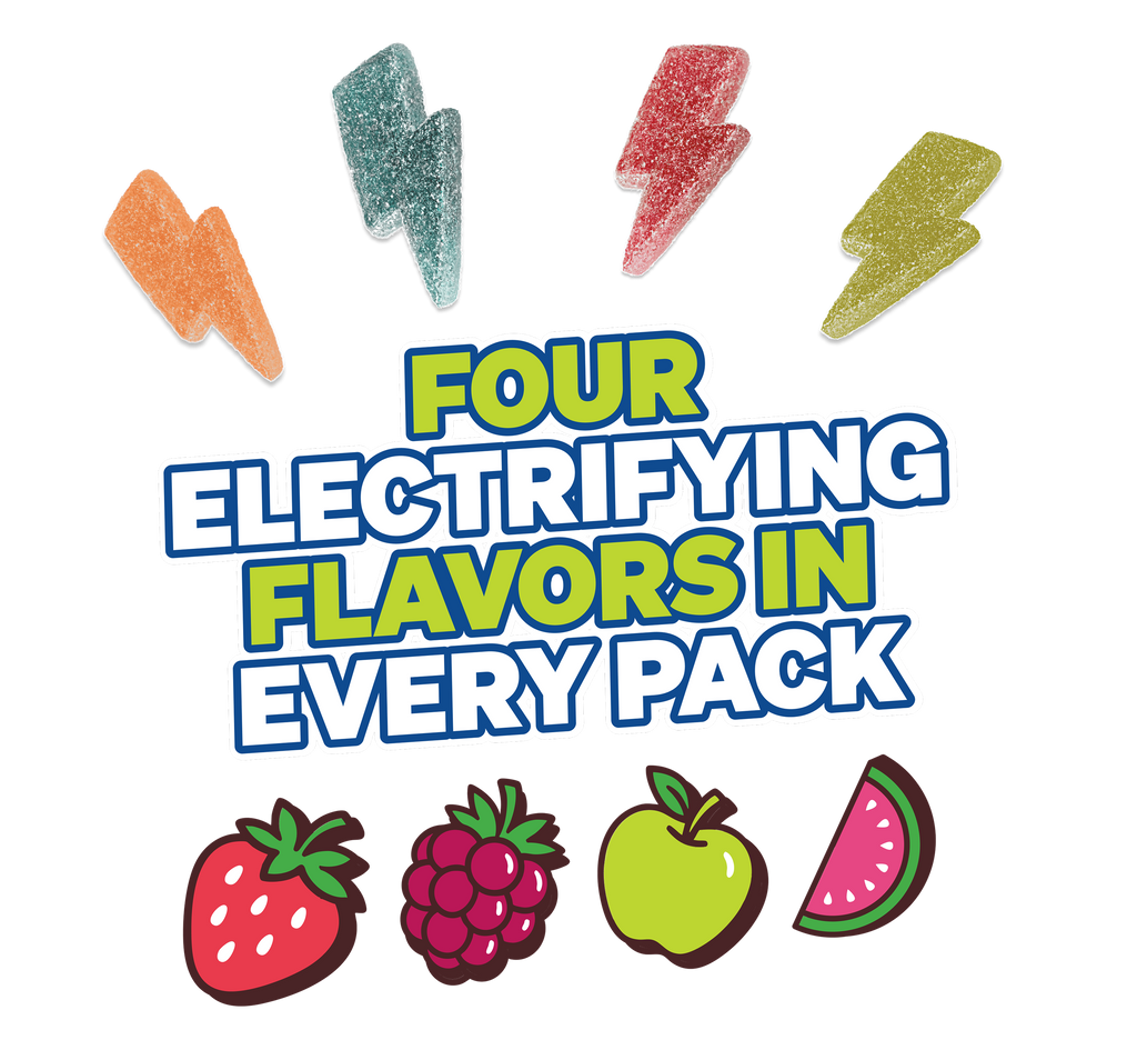 Assorted Flavors Sour Strikes - Four electrifying flavors in every pack: Strawberry, Raspberry, Green Apple, Watermelon - USGM2009-12X - USGM1007-9X - USGM2005 - USGM3007-BX - USGM2011