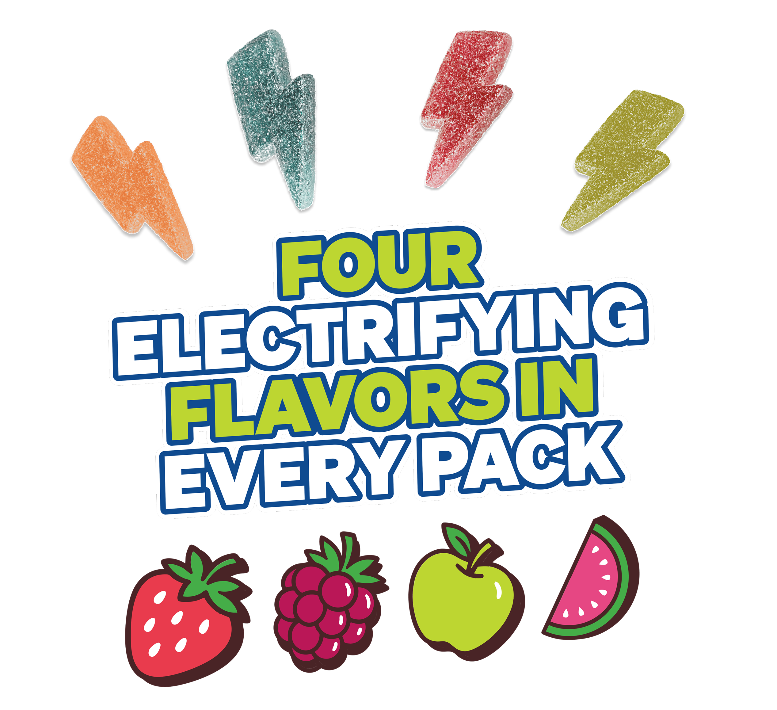 Assorted Flavors Sour Strikes - Four electrifying flavors in every pack: Strawberry, Raspberry, Green Apple, Watermelon - USGM2009-12X - USGM1007-9X - USGM2005 - USGM3007-BX - USGM2011